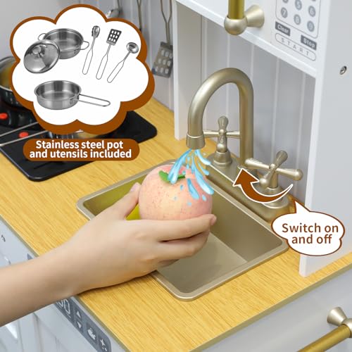 Arlopu Play Kitchen for Kids, Pretend Preschool Kitchen Sets, Wooden Cooking Playset w/Realistic Light & Sound, Telephone, Stove, Fridge, Microwave, Removable Sink, Water Dispenser (White) - Thumbnail 5