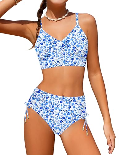 Image of Teen Girls Swimsuits V-Neck Bikini Set Bathing Suits Cross Straps Two Piece Swimwear with Drawstring