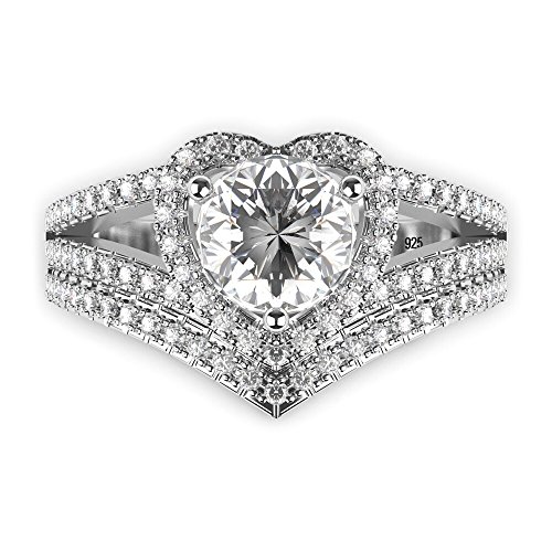 Metal Factory Sterling Silver 925 Cubic Zirconia CZ Heart Engagement Wedding Band Ring 2Pc Set4