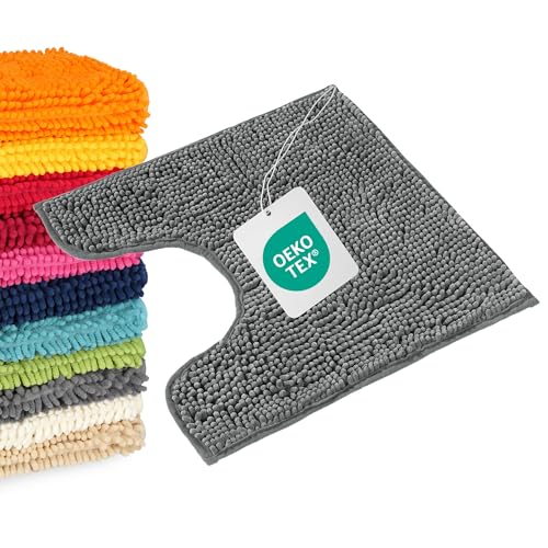 WohnDirect Tapis de Bain Gris 45x45 cm découpe – Antidérapant, Absorbant, Chenille Microfibre Ultra Douce – Confort Salle de Bain, Lavable Machine,...