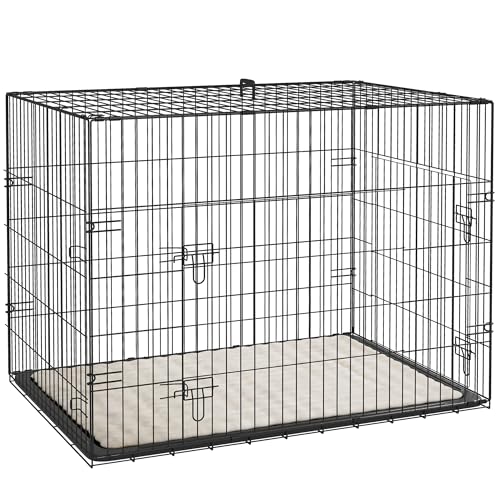 PawHut Cage pour Chien, Cage de Transport pour Chien Pliable, avec 2 Portes, Plateau Amovible, Coussin Doux Lavable, Cadre en Acier, 90 x 57,5 x 62 cm, Noir