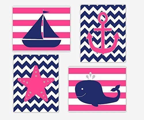 Amazon Com Nautical Baby Girl Nursery Wall Art Pink Navy Blue Sailboat Boat Anchor Starfish Whale Bathroom Decor 4 Unframed Prints Handmade