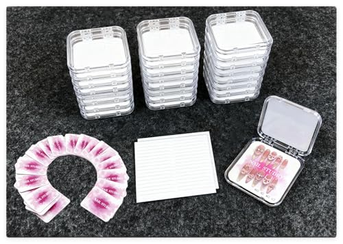 fafzms Lot de 20 Boîtes de Rangement Transparentes pour Ongles + 60 Rubans Adhésifs Double Face | Kit Complet de Présentation pour Faux Ongles, Tips et Nail...