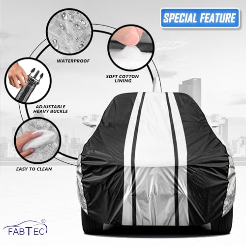 Image of FABTEC Car Body Cover for Maruti Alto 800 Waterproof UV & Rain Protection Metallic Silver with Black Stripes Car Cover with Mirror Pocket Bottom Elastic Full Size Car Cover