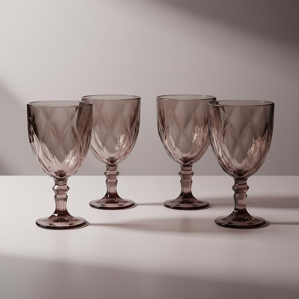 Set of 8 Decorative Wine Glass Goblet, Embossed Glasses 11.3oz, Vintage Style for banquets Party Wedding Red or White (Purple)