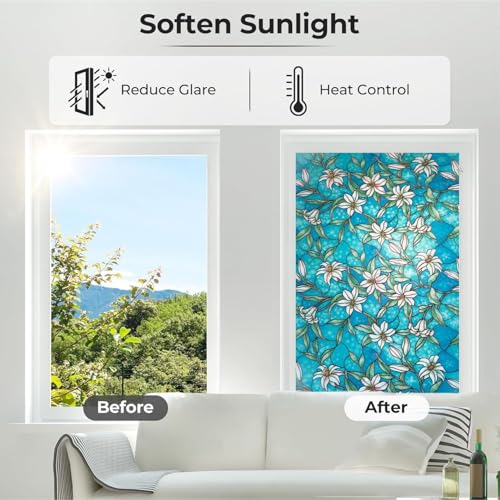 Image of CREON Blue Lily Orchid Flower Pattern (24 X 48 Inch) Decorative Window Privacy Film, Heat Control Sun Blocking Stained Glass Window for Bathroom Front Door
