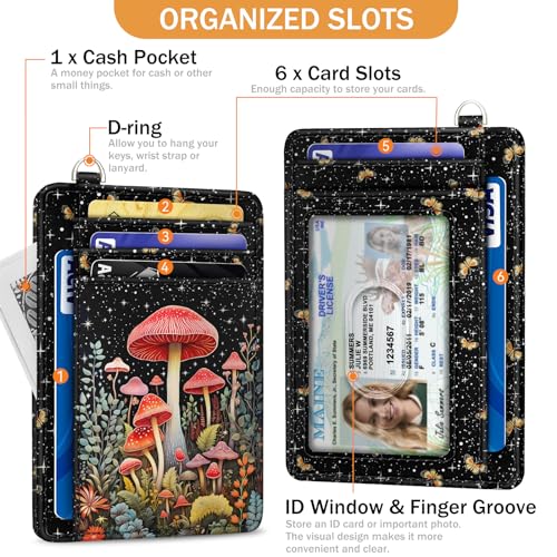 Image of Yonlevres Mushroom Credit Card Holder Slim RFID Wallet Women Wristlet Small | Front Pocket, Handy, RFID Blocking, Woman Girls Ladies Gifts, D-ring for Keychain,Thin Mini Card Case, ID Window, PU Leather