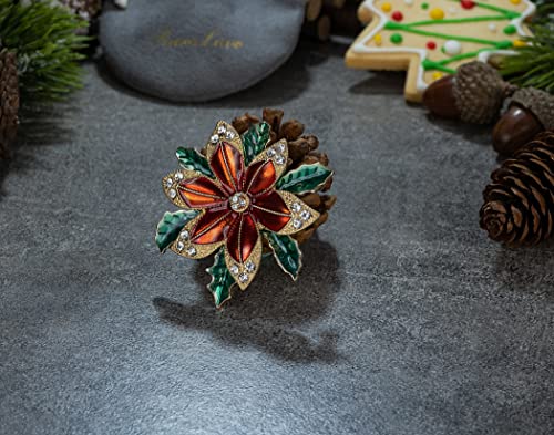 RareLove Vintage Christmas Poinsettia Brooch, Red with Green Leafs Poinsettia Flower Wreath CZ Rhinestone Crystal Christmas Pins and Brooches for Women Girls Silver Plated Alloy,Holiday Jewelry4