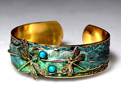 Elaine Coyne Collectible Artwear Verdigris Patina Wearable Art Dragonflies On Feather Cuff - Usa Made - Turquoise #TOP1