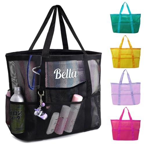 Ulico Personalized Mesh Beach Bag Embroidered Name, Custom Large Beach Tote Bags for Women Foldable Mesh Swimming Pool Bag with Pockets - Sandproof, Waterproof