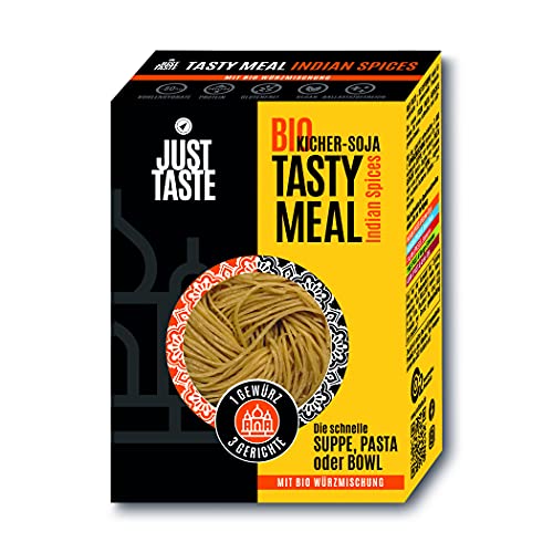 JUST TASTE - Bio Kicher-Soja TASTY MEAL INDIAN Spices - Das neue FIXE PASTA GERICHT - 3 verschiedene Gerichte (Suppe, Pasta, Bowl) mit spezieller Würzmischung möglich - 8er Pack á 51,1g Cover