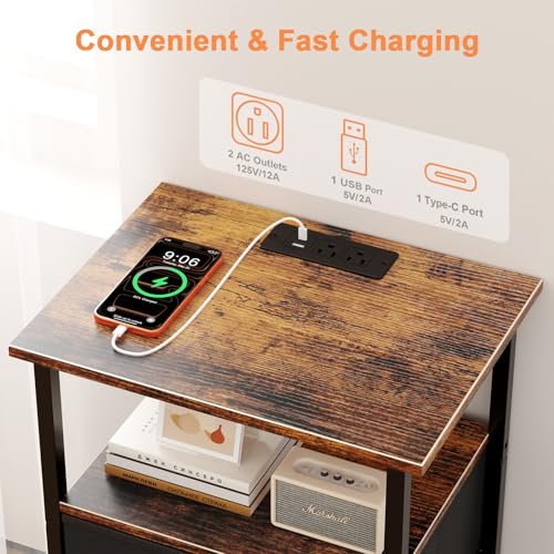 Image of Nightstand with Charging Station, Bedside End Table with 2 Fabric Drawers for Bedroom, Side Table with USB Ports and Outlets (Brown Black)