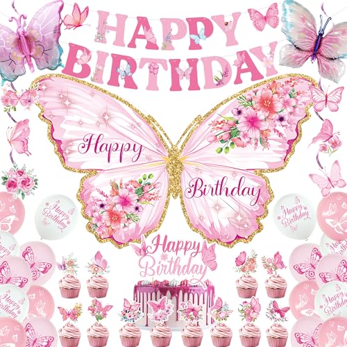 Roetyce Butterfly Birthday Decorations Girls Pink Happy Birthday Banner Backdrop Balloons Hanging Swirls Cake Topper Kit for Home Party Women Butterfly Themed Party Suppiles Photo Background