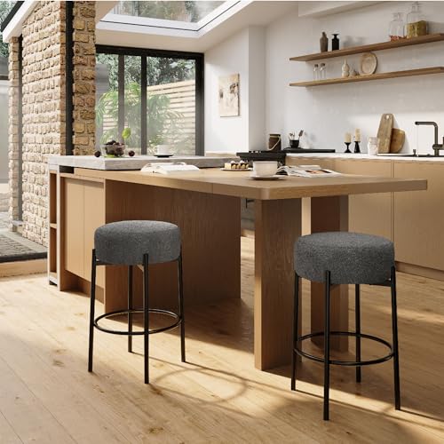 Doppeltcharms Round Bar Stools Set of 2, 24" Height Backless Counter Stools with Footrest, Soft Wool Fabric & Metal Frame for Kitchen Island，Bar, Dining Room — view 4