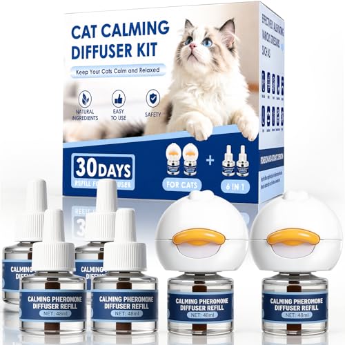 Cat Calming Diffuser, Cat Pheromone Calming Plug-In for Anxiety & Stress Relief, Helps Reduce Scratching, Urine Spraying & Fighting, Calming Diffuser for Multi Cat Homes - 2 Diffusers & 4 Refills