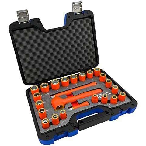 24 Piece 3/8" Drive Insulated Socket and Attachment Set, Made in USA, SAE & Metric in Dual-Color Foam Organizer, Storage Case, 1000 V Electrical Tools Cover
