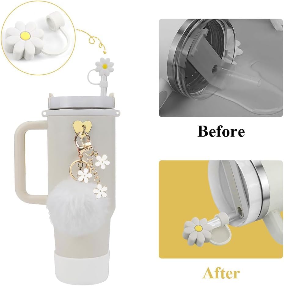 TOEECY Stanley Cup Accessori 7 Pezzi Set Incluse Manico Bottiglia d'Acqua Coperture Cannuccia Custodia in Silicone Portachiavi a Margherita per 30 oz 40 oz Tumbler Coppe Non Incluse (Rosa