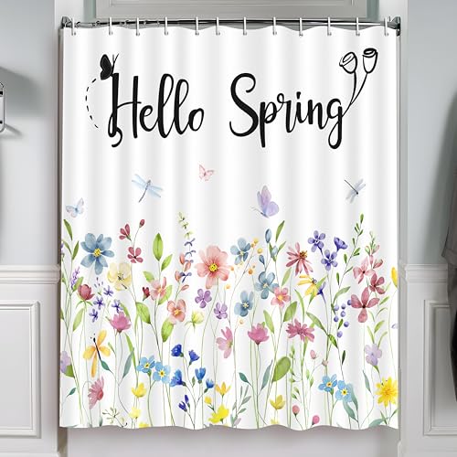 Tieshankao Spring Floral Shower Curtain Bathroom Decor Colorful Flower Butterflies with 12 Hooks 72 x 72 Inches