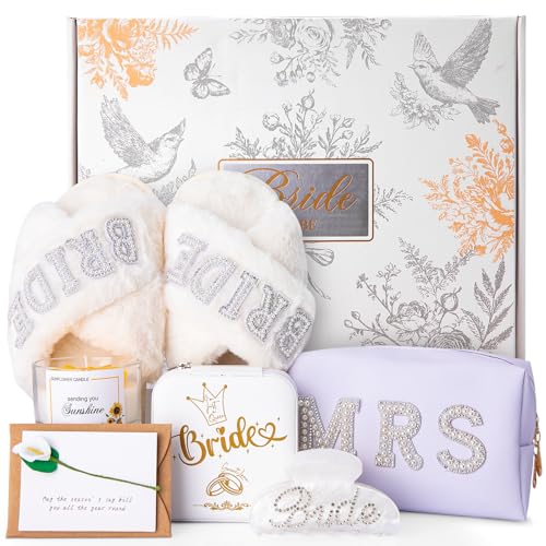 Bride to Be Gifts Bridal Shower Gifts 7PCS Bride Slippers Mrs Jewelry Box Hair Clip Scented Candle Wedding Engagement Gift - Bridal Prensent Greeting Card with Gift Box