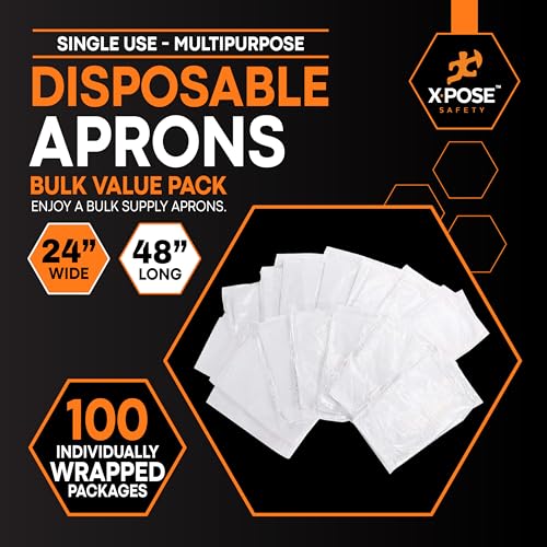 Image of Xpose Safety 100 Pack White Disposable Aprons, Individually Wrapped Waterproof Polyethylene for Cooking, Food Prep and Cleaning, 1 Mil Durable, 24 inch x 48 inch