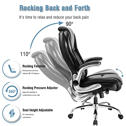 High Back Office Chair With Lifting Headrest - Flip Arms Adjustable Built-In Lumbar Support, Executive Computer Desk Chair Home Office Work Chairs, Thick Padded, Strong Metal Base, Ergonomic Design #TOP5