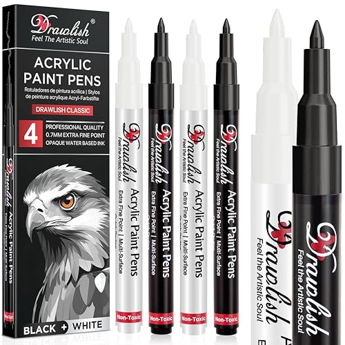 Drawlish Acrylic Paint Pens Black & White Pen Set of 4 Glass Paint Markers 0.7mm Extra Fine Tip | Ideal for Wood Fabric Porcelain Ceramic Stone Rock Painting and more