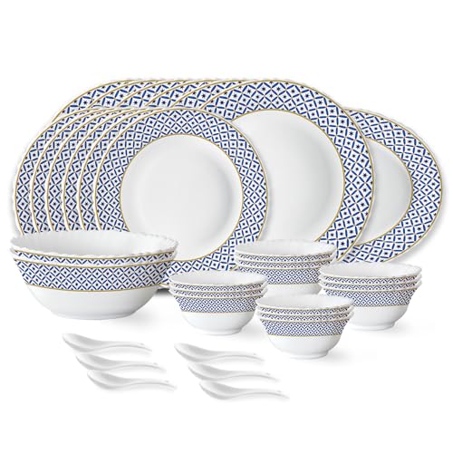 Image of Larah by Borosil Juliet Fluted Series Opalware Dinner Set | 33 Pieces for Family of 6 | Microwave & Dishwasher Safe | Bone-Ash Free | Crockery Set for Dining & Gifting | Plates & Bowls | White