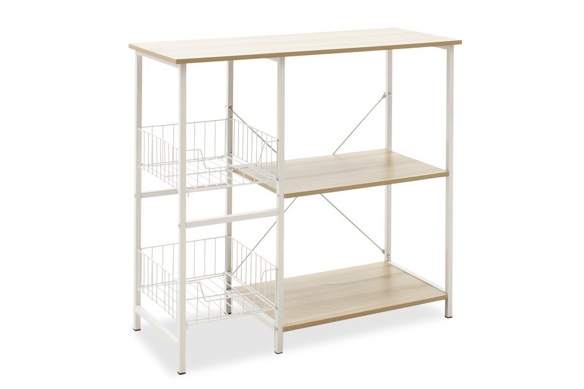 Meyvaser Estanteria de Cocina, Estantería para Microondas con 2 Cestas de Malla Metálica Blanca, 3 Estantes y Ganchos 80x34x75cm Color Madera y Blanco