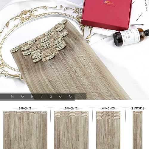 Moresoo Human Hair Extensions Clip in Highlight 22 Inch Ash Blonde with Platinum Blonde Clip in Hair Extensions Real Hair Full Head 7 Pieces/120g #P18/613 - Image 3