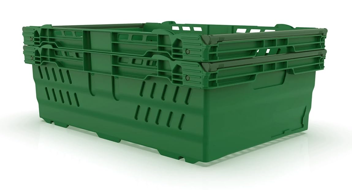 HomeHQ 35 Litre Bale Arm Crate, Nesting Ventilated Plastic Basket, Supermarket Vegetable & Fruit Display (600x400x200mm) (GREEN)