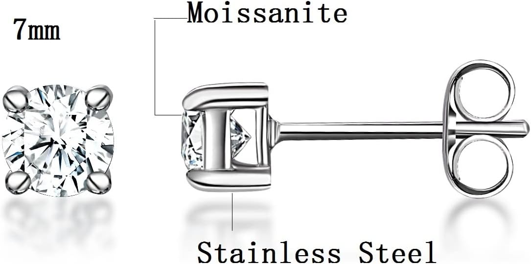 MDFUN Moissanite Stud Earrings, 316L Stainless Steel 4 Prong Round Synthetic Stud Earring Hypoallergenic Jewelry for Women Men 3-7mm - Image 5