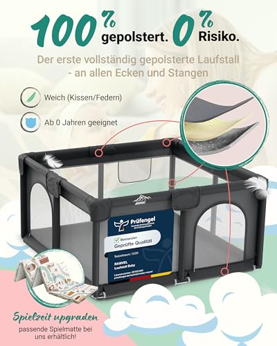 RAWVEL® Laufstall Baby Fence – [NEU 2025] – Laufgitter Baby Laufstall Playpen Kind, Laufgitter & Ställe, Kinderlaufstall, Play Pen – [Laborgeprüft] – Atmungsaktiv & Vollständig gepolstert - 130x130 cm