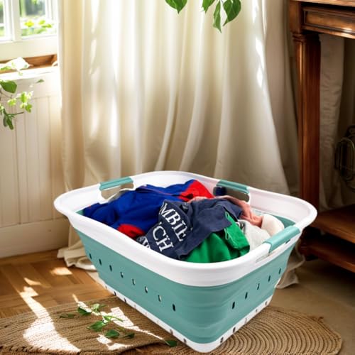Image of SAMMART 42L (11 gallon) Collapsible Plastic Laundry Basket - Foldable Pop Up Storage Container /Organizer - Space Saving Hamper /Basket (1, White /Celadon Green)