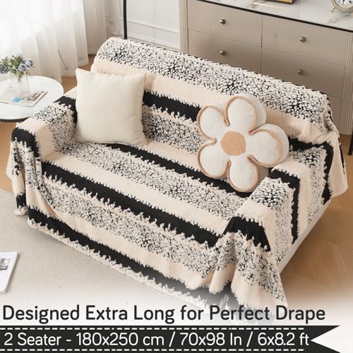 Image of HOKIPO Soft Plush Sofa Throw Cover for 2 Seater Sofa - Luxury All-Season Sofa Cover, 'Noirea Series' Textured Stripe (180x250 cm) (AR-6652-D2)