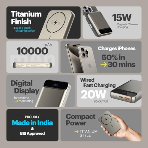 Stuffcool Click 10000mAh Slim Magnetic Wireless Powerbank Natural Titanium Finish Perfect for iPhone 16,15,14,13,12 with Led Display and 20W Fast Wired Charging - Charges iPhone 50% in 30 mins - Image 6