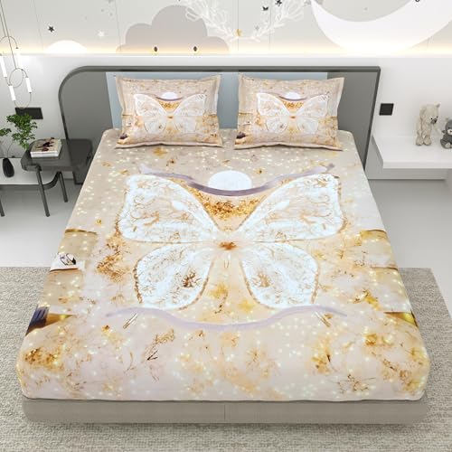 Image of Dream Weaverz 7D Bedsheet for Double Bed King Size with 2 Pillow Covers | Digital Printed & Fitted Elastic for Kids | Soft Glaze Cotton Feel | Fits Upto 12 Inch Mattress (Butterfly)