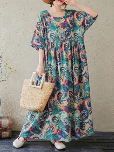 Image of Women's Plus Size Dresses Casual Vintage Printed Summer Baggy Dress