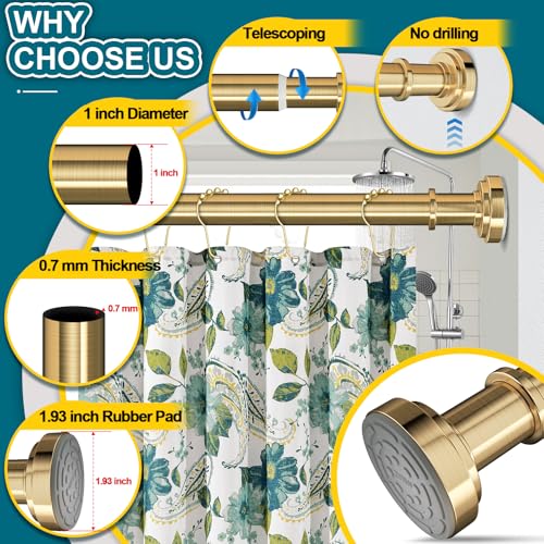 Gold Tension Shower Curtain Rod 36-84 Inch(3-7ft) Never Rust No Drilling Non Slip Spring Tension Shower Rod, Heavy Duty Tension Rod, Adjustable Curtain Rod for Bathroom Window Living Room by ZYRW - Image 6