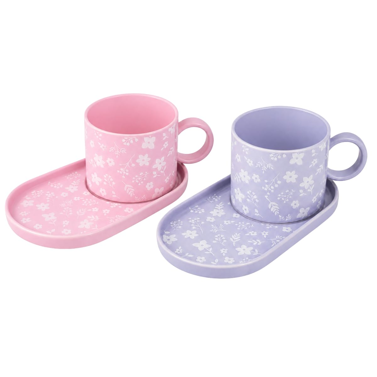 Mad About Mugs Set of 2 Pink & Lilac Stoneware Mug and Oversized Saucer Set, Floral Tea Coffee Cup with Biscuit Plate, 9cm Mug, 18cm Saucer, Stylish Gift Cup Set for Home Kitchen Drinkware