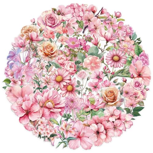 50pcs Aesthetic Flower Stickers for Scrapbook Journal Transparent Aesthetic Pink Flowers Stickers for Girls Adults Vinyl Waterproof Sticker for Water Bottle Laptop Notebook Party Favors(F)