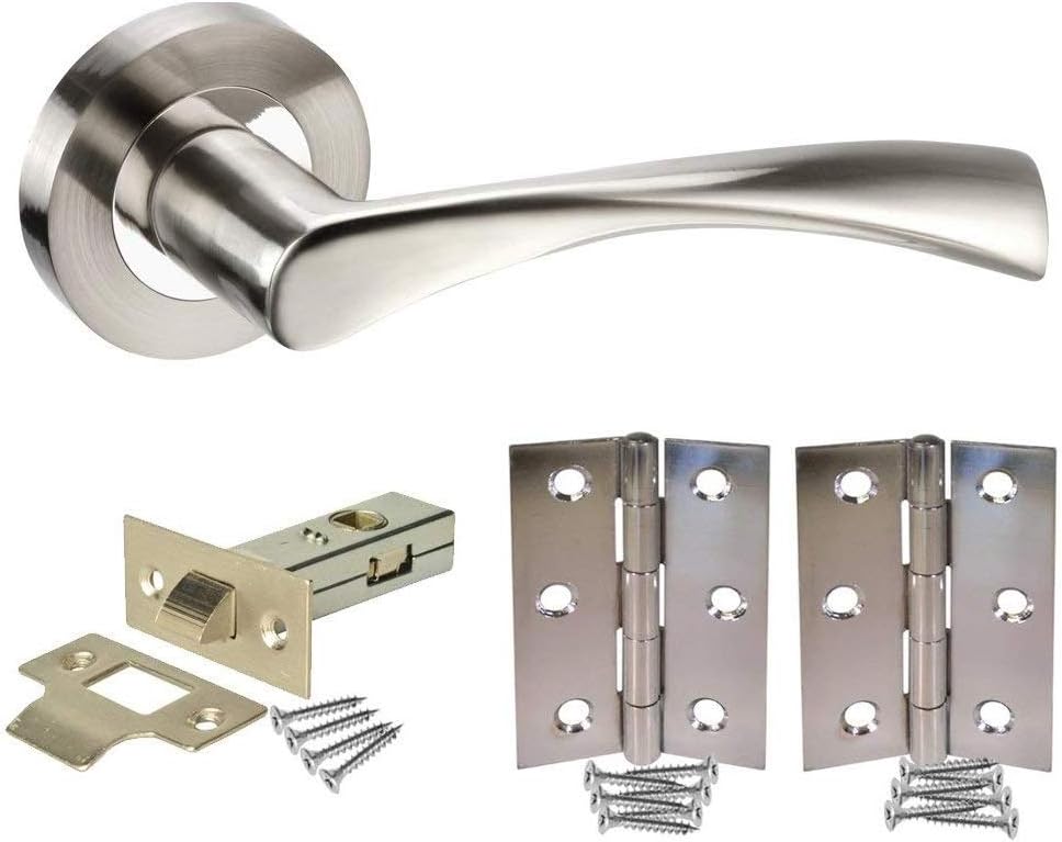 Golden Grace Astrid Design Modern Door Handles on Round Rose in Dual Finish with Tubular Latch & Pair of Hinges