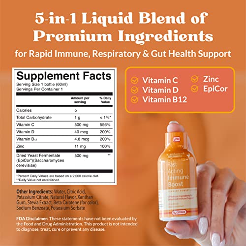Enhanced Immune Fast Acting Immune Boost, Citrus Flavor (2 Oz, Pack Of 6), Immunity Shots With Vitamin C, Zinc, Vitamin D, Vitamin B12 & Epicor - Immune Support Supplement, Rapid Immunity Booster #TOP4