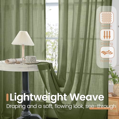 Image of BGment Green Linen Curtains 48 Inches Long for Short Bedroom - Semi Sheer Light Filtering Window Drapes with Rod Pocket Textured Lightweight for Dining Living Room, 2 Panels Set, Each 42 Inch Wide
