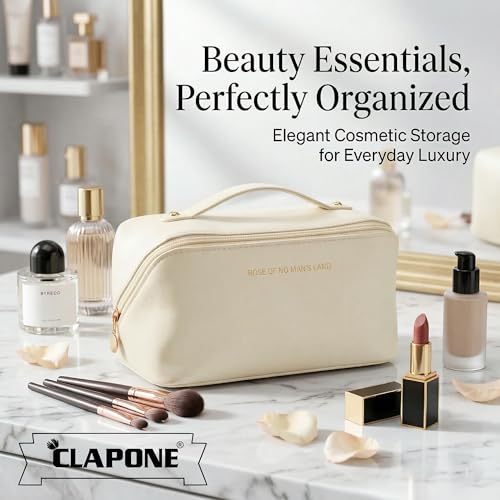 Image of Cosmetic Bag for Women, PU Leather Makeup Pouch, Large Capacity Travel Makeup Organizer with Divider & Handle, Waterproof Portable Vanity Storage Bag for Toiletries (White)