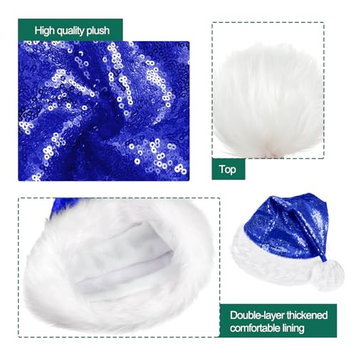 SATINIOR 2 Pcs Adult Sequin Santa Hat Unisex Christmas Hat Santa Claus Cap Xmas Hat with Lining and Plush Brim for Women Men(Blue) - Image 3