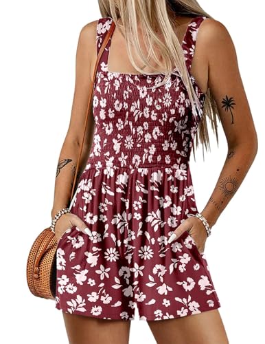 QUNERY Mono Corto Mujer de Verano 2025 Sin Mangas Peto Mujer Verano Bohemia Casual Sueltos Jumpsuit con Bolsillos Moda Playa Rojo M