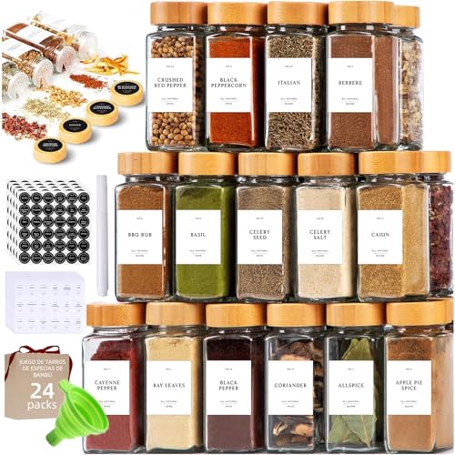 Reviews de Botes para especias . 43 Especieros de Vidrio,Tarros de Especias Cocina,Tarros de Cristal para Especias con Tapas de Bambú -|Etiquetas Preimpresas y Etiquetas en Blanco|Marker Pens|Brushes|Funnel (24...
