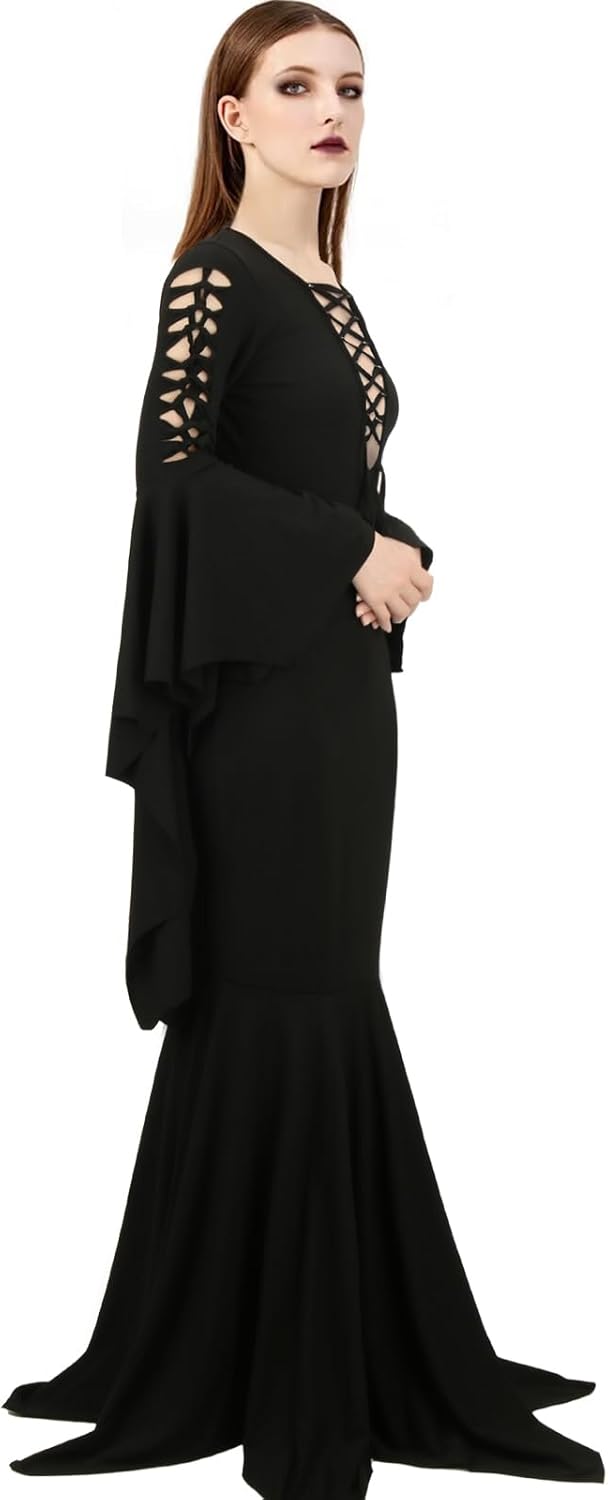 Women's Morticia Addams Costume Floor Dress Adult Black Gothic Witch Vintage Halloween Long Sleeve Maxi Bodycon Dress
