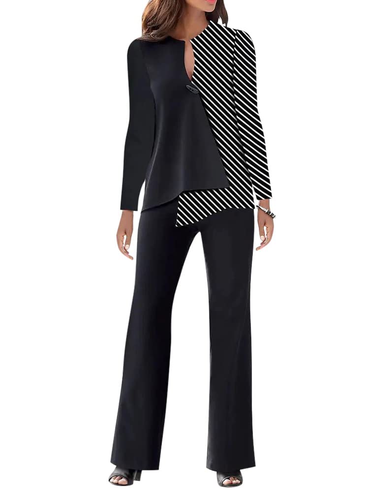 Onsoyours Donna Tailleur Pantalone Completo Patchwork Shirts A Maniche Lunghe+ Pantaloni con Bottone Ufficio da Abito in Due Pezzi Set per Business E Matrimoni