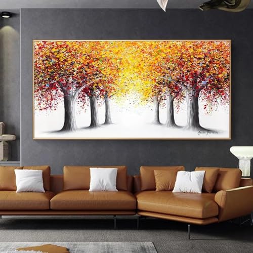 Peinture murale abstraite arbre coloré toile encadrée 55x110cm